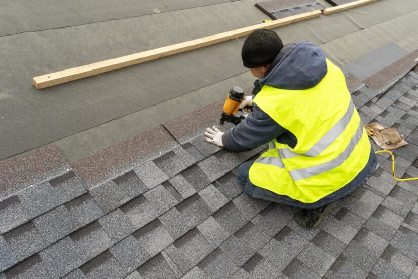 Worker Fixing Asphalt Shingles