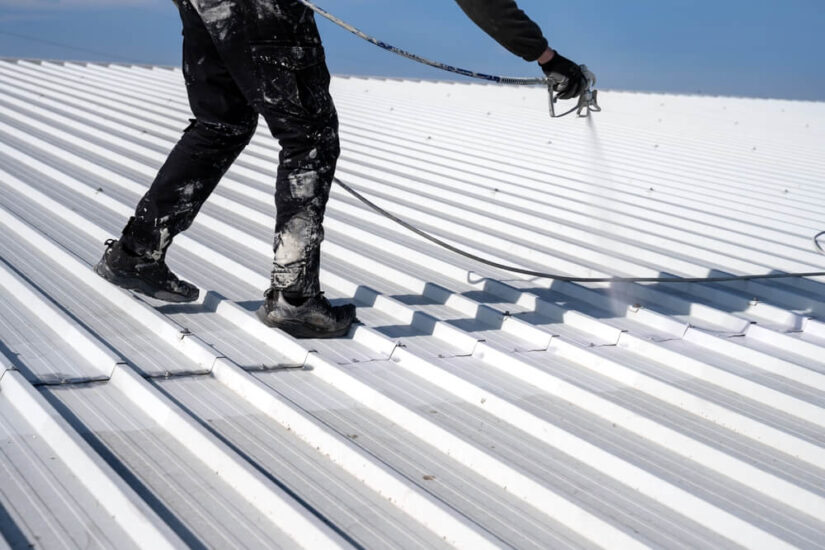 Man on metal roof spray painting